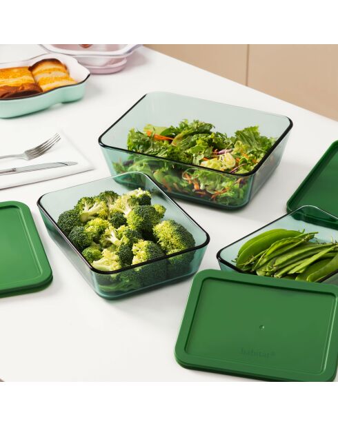 Set di 3 contenitori rettangolari in vetro verde Aloe - 64/105/152 cl