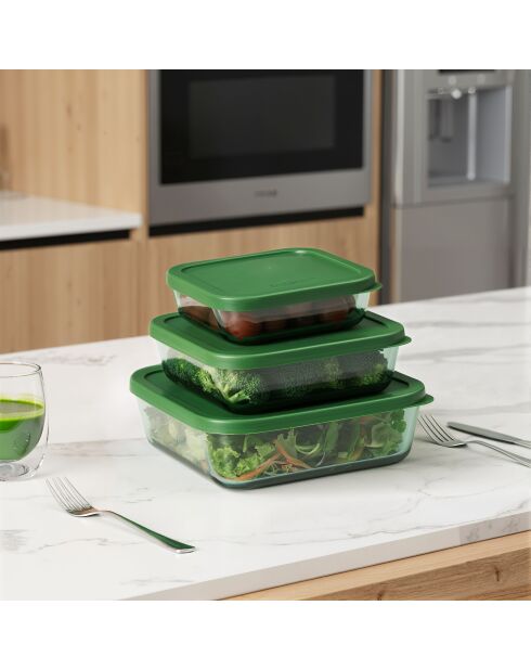 Set di 3 scatole portaoggetti quadrate in vetro verde Aloe - 32/52/80 cl