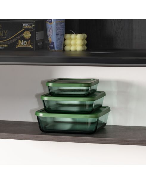 Set di 3 scatole portaoggetti quadrate in vetro verde Aloe - 32/52/80 cl