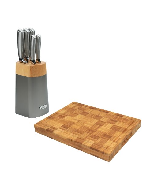 Bloque de 5 cuchillos Orionis de acero inoxidable y tabla de cortar de bambú o bambú plateados