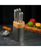 Bloque de 5 cuchillos Orionis de acero inoxidable y tabla de cortar de bambú o bambú plateados