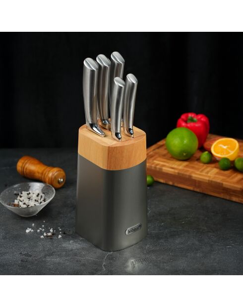 Bloque de 5 cuchillos Orionis de acero inoxidable y tabla de cortar de bambú o bambú plateados