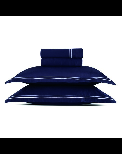 Parure drap plat + drap-housse + taies rectangles satin de coton Biarritz blanc/bleu foncé