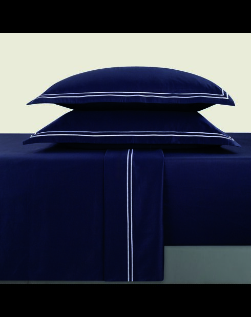 Parure drap plat + drap-housse + taies rectangles satin de coton Biarritz blanc/bleu foncé