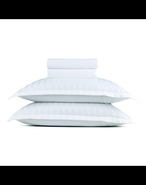 Parure maxi drap plat + drap-housse + taies carrées satin de coton rayure tissé dobby Jacquard blanc 01