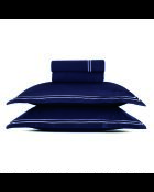 Parure petit drap plat + drap-housse + taies rectangles satin de coton Biarritz blanc/bleu foncé