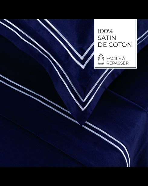 Parure petit drap plat + drap-housse + taies rectangles satin de coton Biarritz blanc/bleu foncé