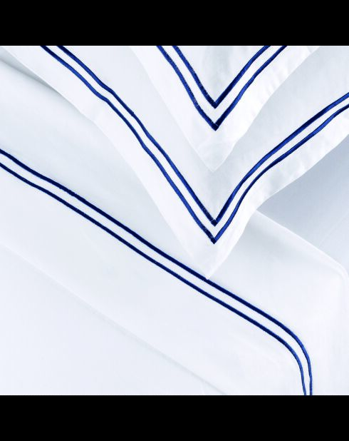 Set lenzuolo piatto + lenzuolo con angoli + federe rettangolari Biarritz in cotone satinato blu scuro/bianco