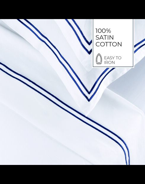 Set lenzuolo piatto + lenzuolo con angoli + federe rettangolari Biarritz in cotone satinato blu scuro/bianco