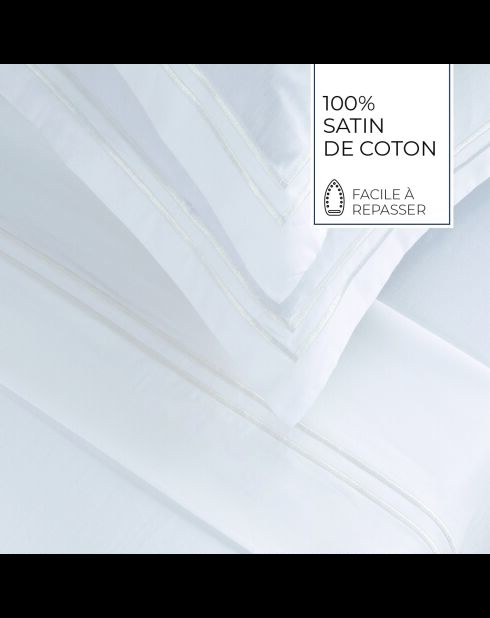 Parure drap plat + drap-housse + taies rectangles satin de coton Biarritz blanc