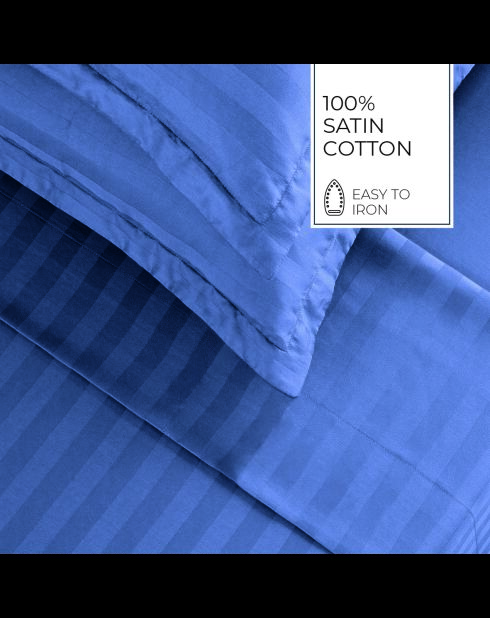 Parure maxi drap plat + drap-housse + taies carrées satin de coton rayure tissé dobby Jacquard bleu 06
