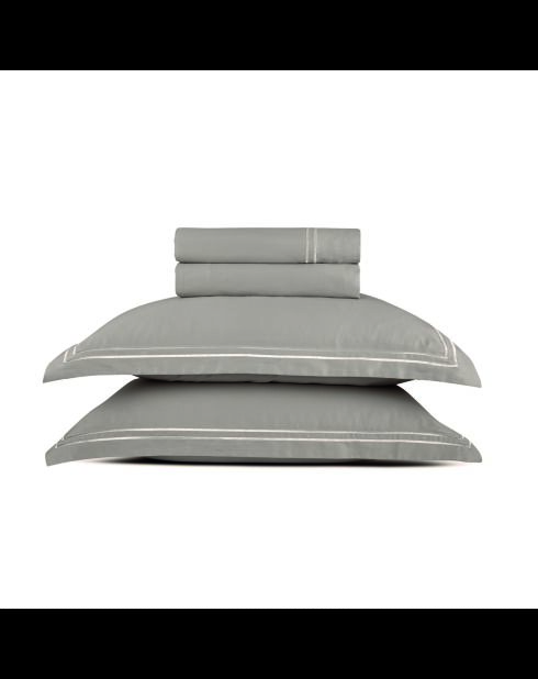 Parure petit drap plat + drap-housse + taies rectangles satin de coton Biarritz blanc/taupe