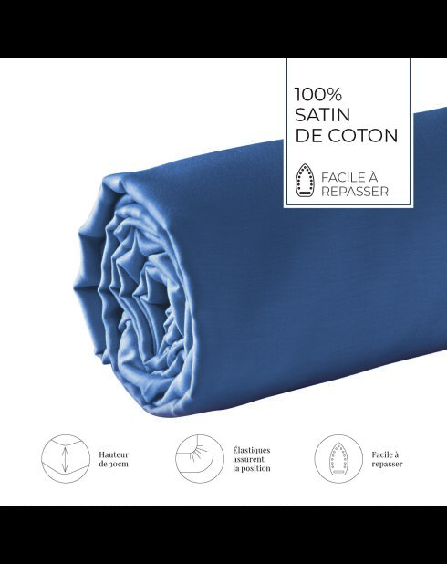 Drap-housse satin de coton Uni bleu 06