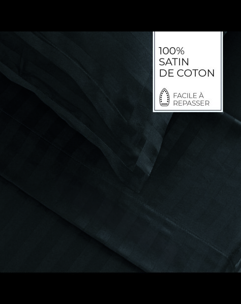 Parure drap plat + drap-housse + taies rectangles satin de coton rayure tissé dobby Jacquard gris 03