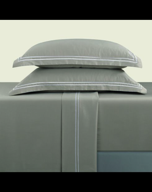 Parure drap plat + drap-housse + taies rectangles satin de coton Biarritz blanc/taupe