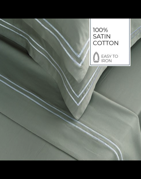 Parure drap plat + drap-housse + taies rectangles satin de coton Biarritz blanc/taupe