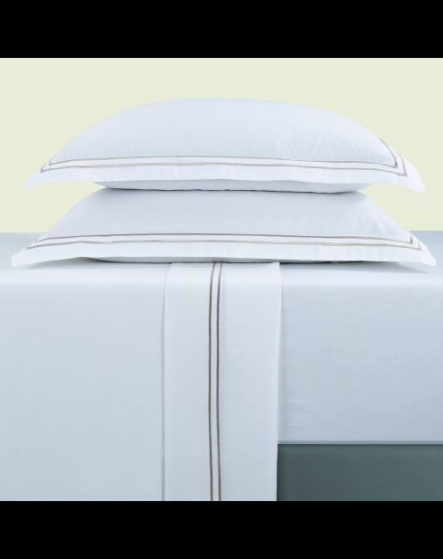 Parure drap plat + drap-housse + taies rectangles satin de coton Biarritz taupe/blanc