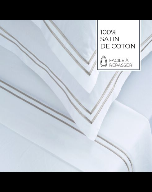 Parure drap plat + drap-housse + taies rectangles satin de coton Biarritz taupe/blanc