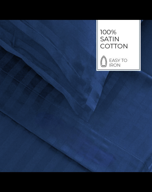 Parure maxi drap plat + drap-housse + taies rectangles satin de coton rayure tissé dobby Jacquard bleu 11