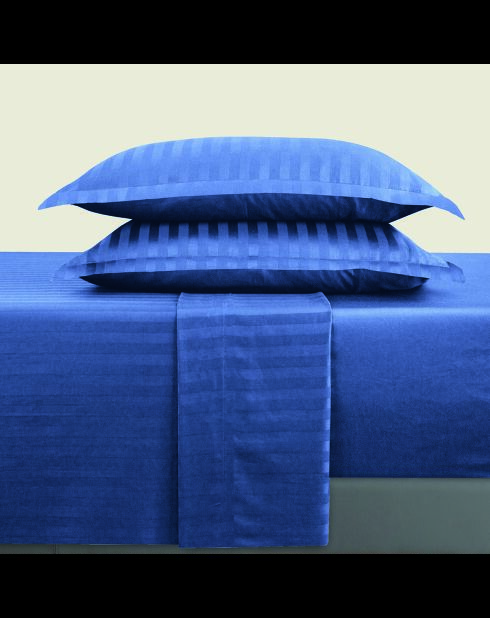 Parure drap plat + drap-housse + taies rectangles satin de coton rayure tissé dobby Jacquard bleu 06