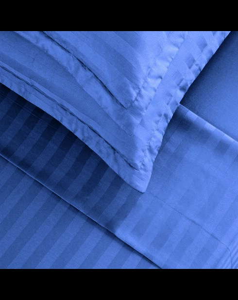 Parure drap plat + drap-housse + taies rectangles satin de coton rayure tissé dobby Jacquard bleu 06