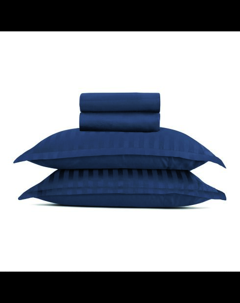 Parure drap plat + drap-housse + taies rectangles satin de coton rayure tissé dobby Jacquard bleu 11