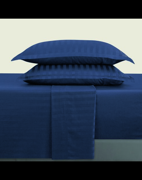Parure drap plat + drap-housse + taies rectangles satin de coton rayure tissé dobby Jacquard bleu 11