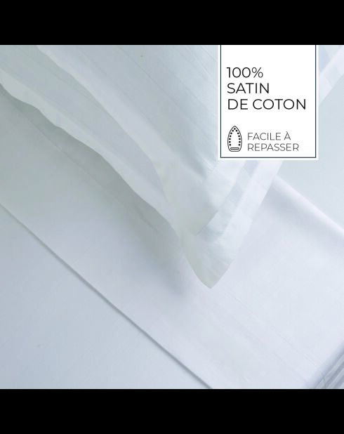 Parure drap plat + drap-housse + taies rectangles satin de coton rayure tissé dobby Jacquard blanc 01