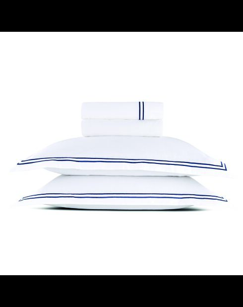 Parure petit drap plat + drap-housse + taies rectangles satin de coton Biarritz bleu foncé/blanc