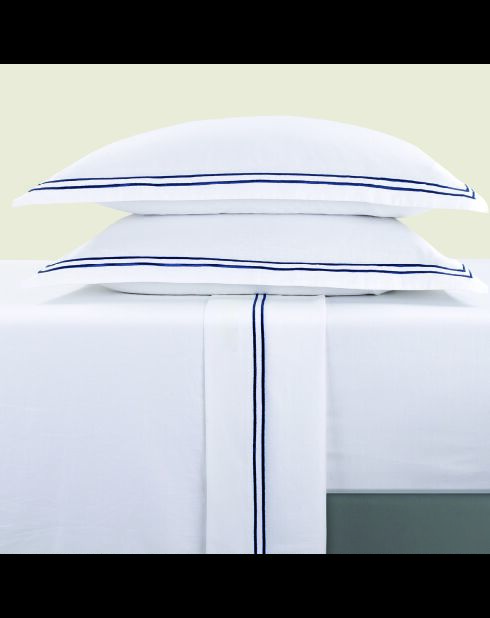 Parure petit drap plat + drap-housse + taies rectangles satin de coton Biarritz bleu foncé/blanc