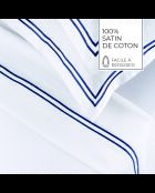 Parure petit drap plat + drap-housse + taies rectangles satin de coton Biarritz bleu foncé/blanc