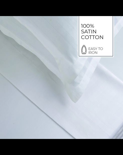 Parure petit drap plat + drap-housse + taies rectangles satin de coton rayure tissé dobby Jacquard blanc 01