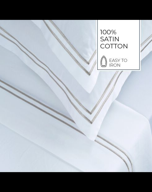 Parure petit drap plat + drap-housse + taies rectangles satin de coton Biarritz taupe/blanc
