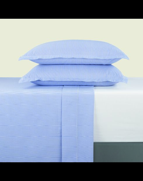 Parure drap plat + drap-housse + taies rectangles coton percale Grenoble bleu clair