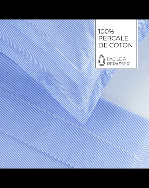 Parure drap plat + drap-housse + taies rectangles coton percale Grenoble bleu clair