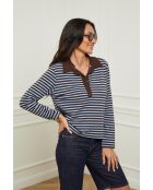 Polo ML en coton Yasmine choco/bleu