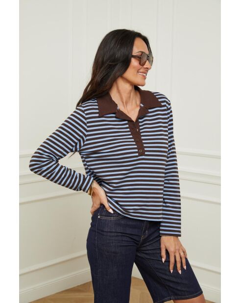 Polo ML en coton Yasmine choco/bleu