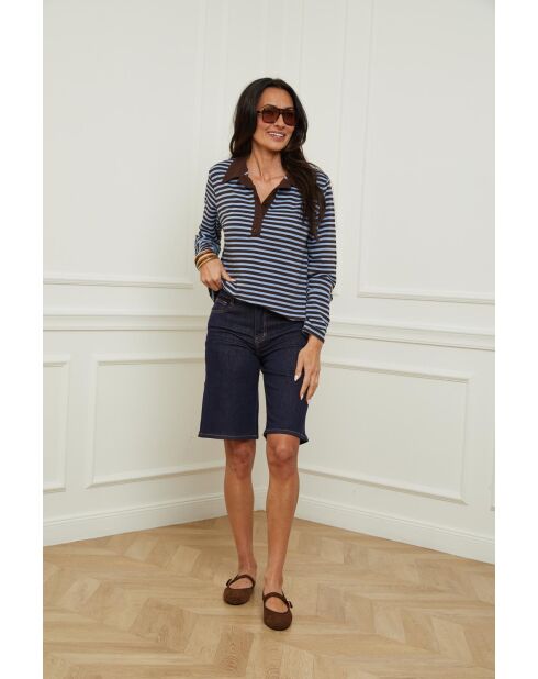 Polo ML en coton Yasmine choco/bleu