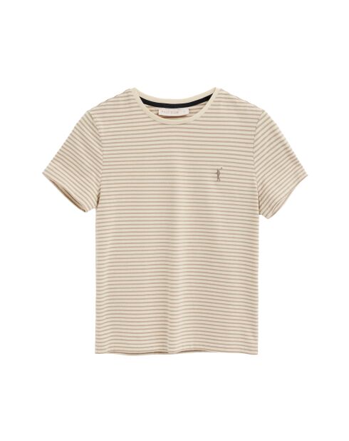 Fabienne ecru-Hellbraunes Kurzarm-T-Shirt aus Baumwolle