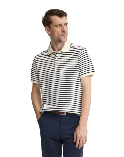 Damien ecru-marineblauwe katoenen polo met korte mouwen