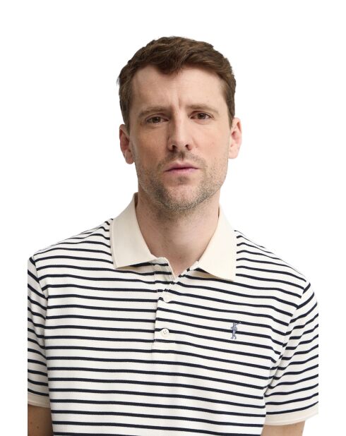 Damien ecru-marineblauwe katoenen polo met korte mouwen