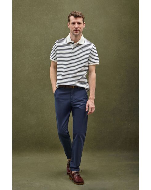 Damien ecru-marineblauwe katoenen polo met korte mouwen