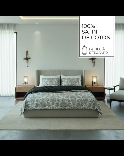 Parure housse de couette + taie carrée satin de coton Élégance persane beige