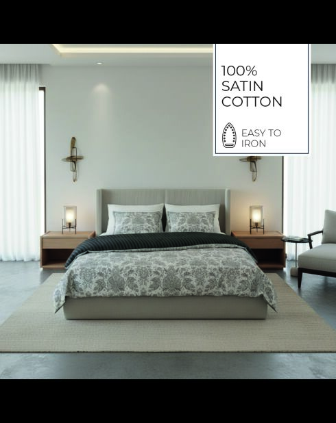 Parure housse de couette + taie carrée satin de coton Élégance persane beige