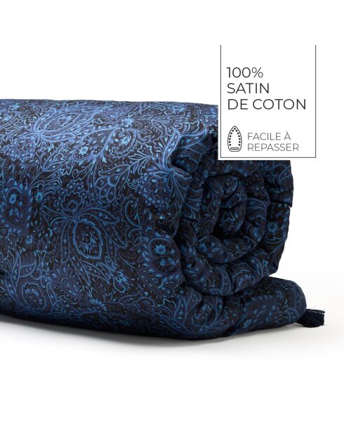 Édredon avec glands satin de coton Eclipse fleuri bleu - 140x200 cm
