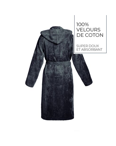 Peignoir coton velours avec capuche Uni gris foncé