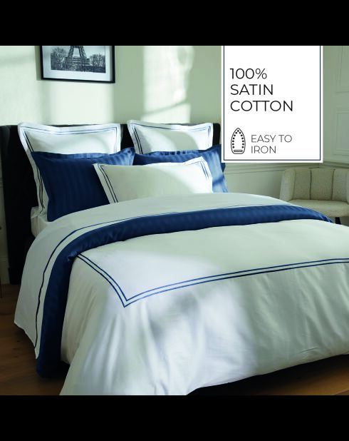 Set de 2 taies d'oreiller satin de coton Biarritz bleu foncé/blanc