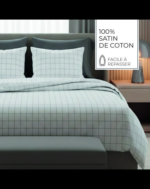 Parure housse de couette + taie carrée satin de coton Simples carreaux blanc/taupe