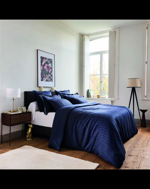 Parure housse de couette + taie carrée satin de coton rayure tissé dobby Jacquard bleu 11