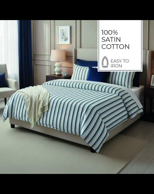 Parure housse de couette + taie carrée satin de coton Mateo blanc/bleu